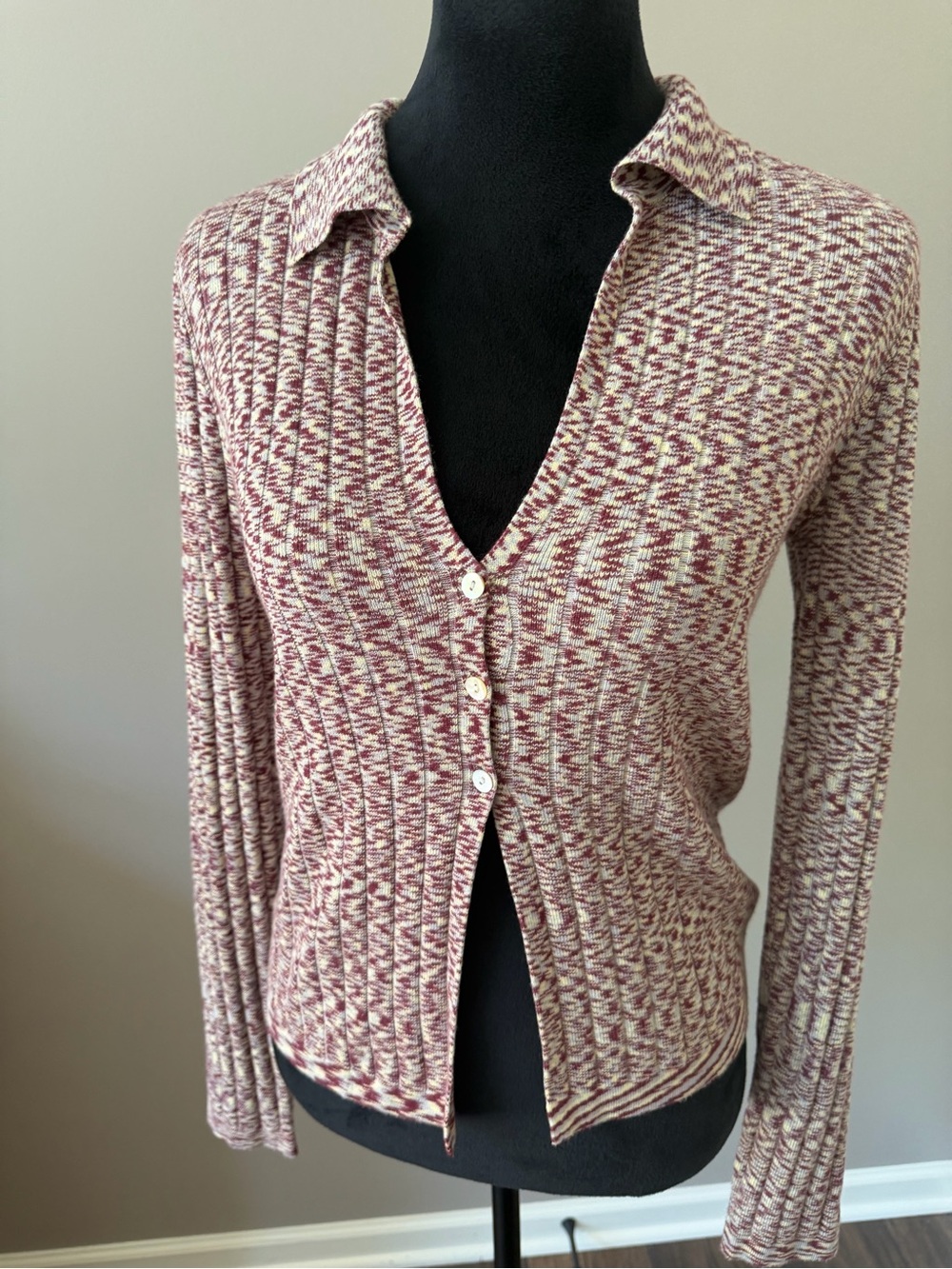 Cotton Candy Marled Burgundy-Cream Button Cropped Cardigan Sweater LGE